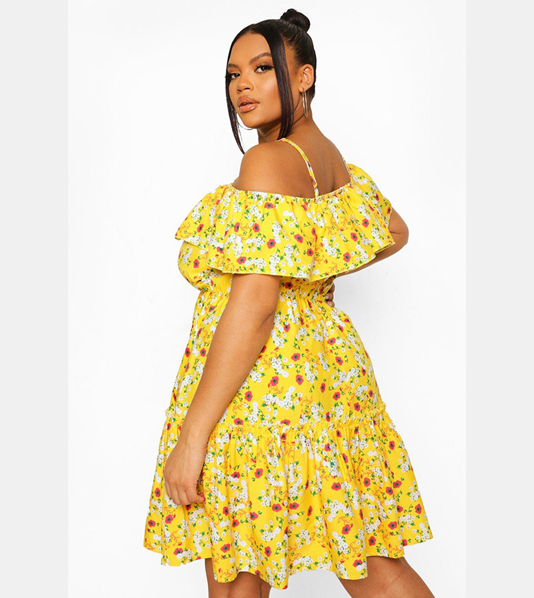 Buy Boohoo Floral Cold Shoulder Skater Dress In Yellow 6thStreet