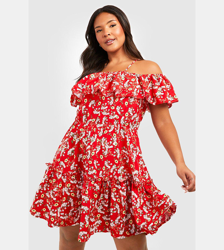 Buy Boohoo Floral Cold Shoulder Skater Dress In Red 6thStreet UAE