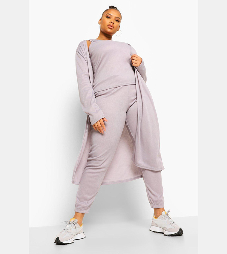 Buy Boohoo 3 Piece Ribbed Joggers And Cardigan Set In Grey