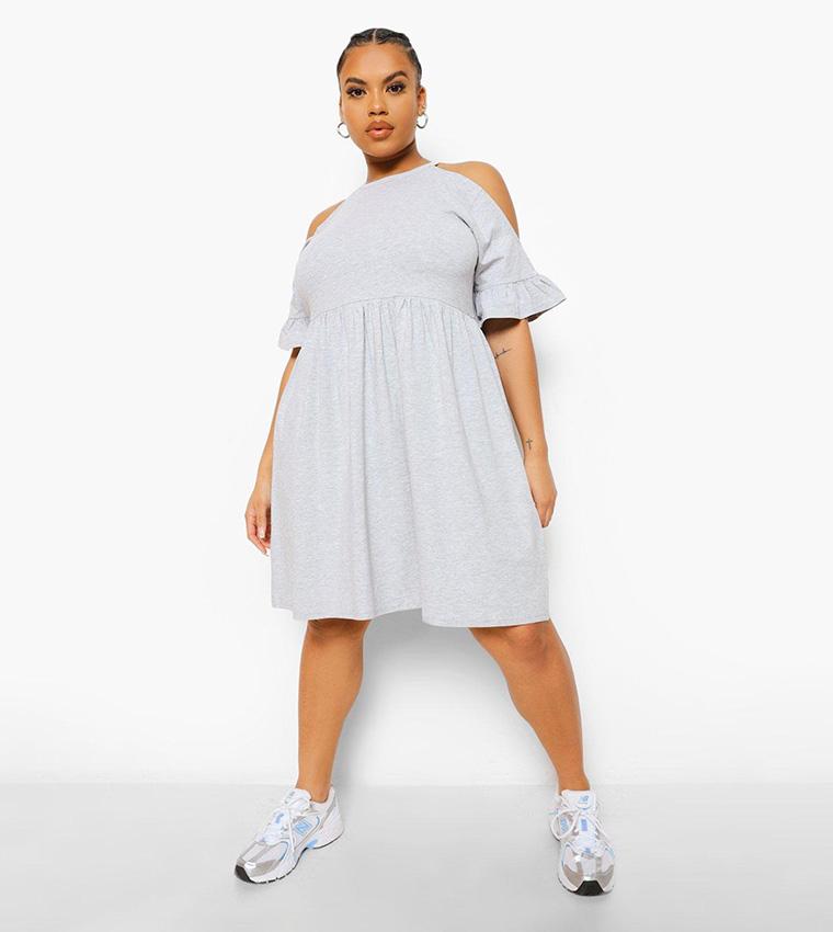 Buy Boohoo Cold Shoulder Smock Dress In Grey 6thStreet Oman