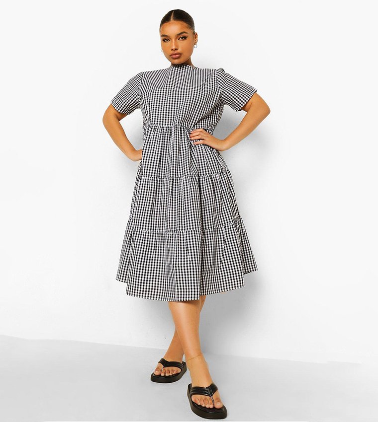 knee length dresses for ladies Blue Gingham Cotton Smocked Dress - Midi Dresses