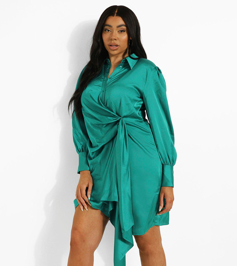 Buy Boohoo Statement Draped Satin Shirt Dress In Green 6thStreet UAE