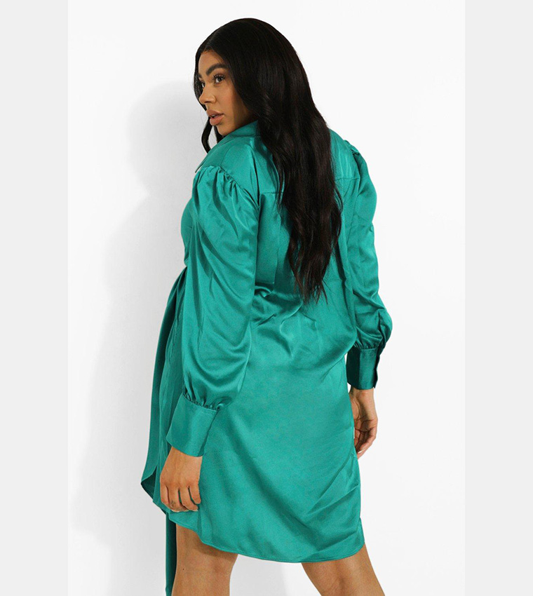 Buy Boohoo Statement Draped Satin Shirt Dress In Green 6thStreet UAE