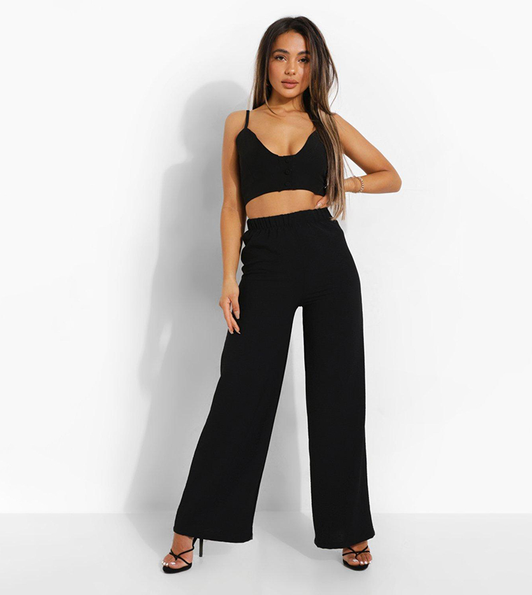 Buy Boohoo Petite Linen Look Wide Leg Trousers In Black