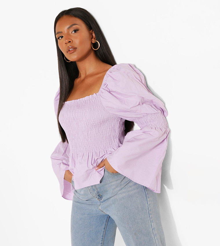 Puff Sleeve Top With Shirred Waist And Puff Sleeves In Lilac