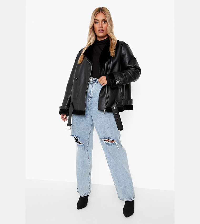 Faux Leather Lined Oversized Aviator Jacket