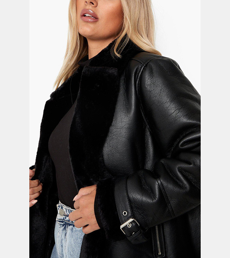 Black faux fur fashion sleeve oversized aviator jacket