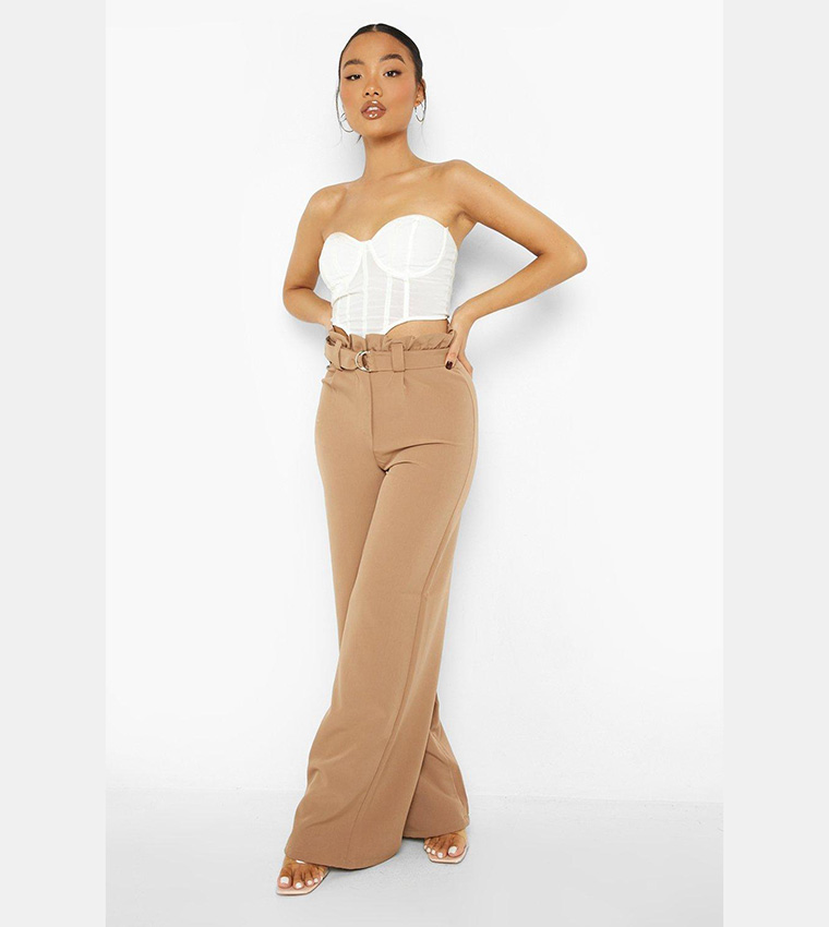 Buy Boohoo Paperbag Waist D Ring Wide Leg Trousers In Beige