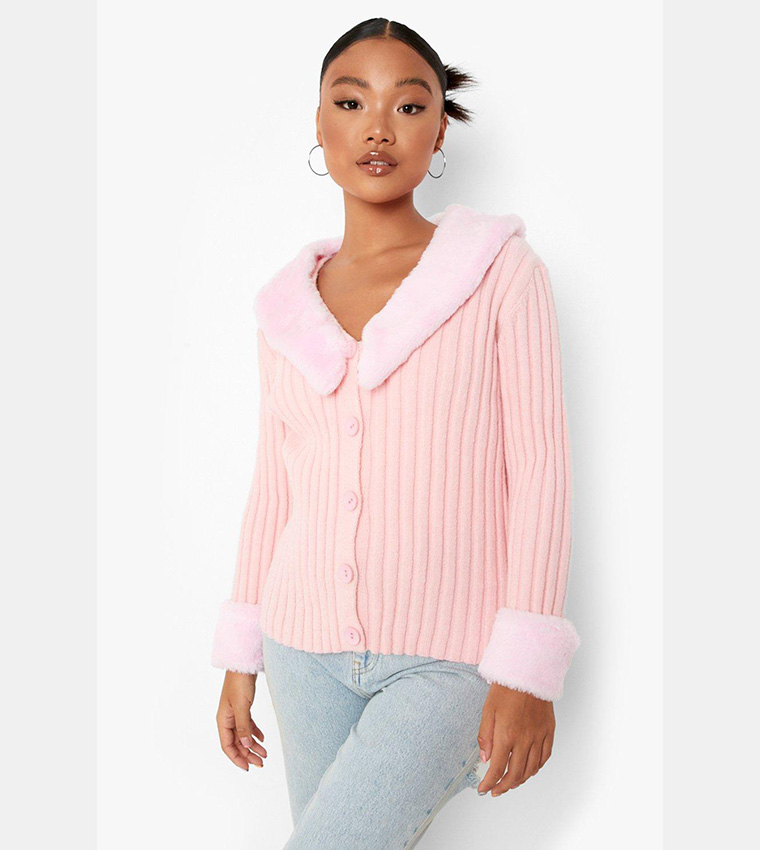 Buy Boohoo Faux Fur Collar And Cuff Cardigan In Pink 6thStreet