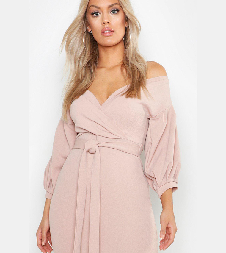 Buy Boohoo Recycled Off Shoulder Wrap Midi Dress In Beige 6thStreet Qatar