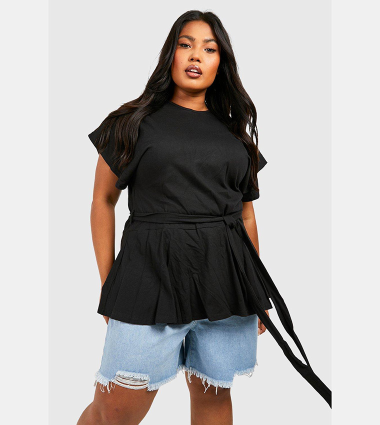 Buy Boohoo Slash Neck Tie Waist Peplum Hem Top In Black | 6thStreet ...