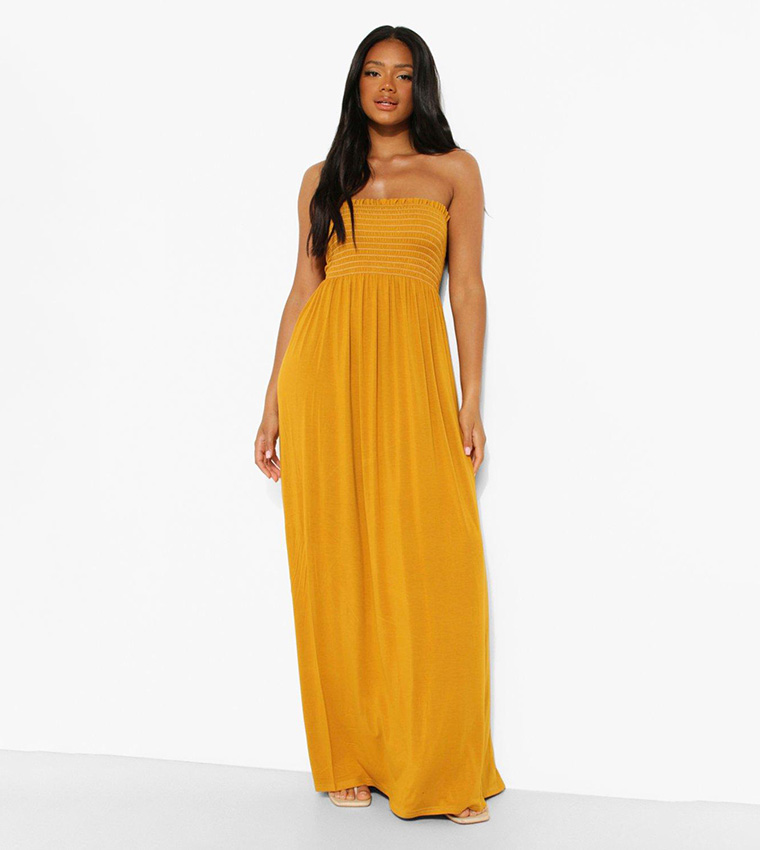 Buy Boohoo Bardot Shirred Ruffle Maxi Dress In Yellow 6thStreet Qatar