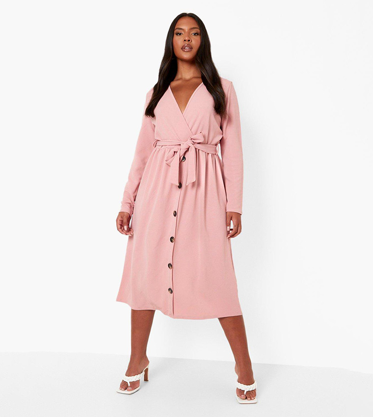 Buy Boohoo Belted Button Long Sleeves Midi Dress In Pink | 6thstreet Saudi  Arabia