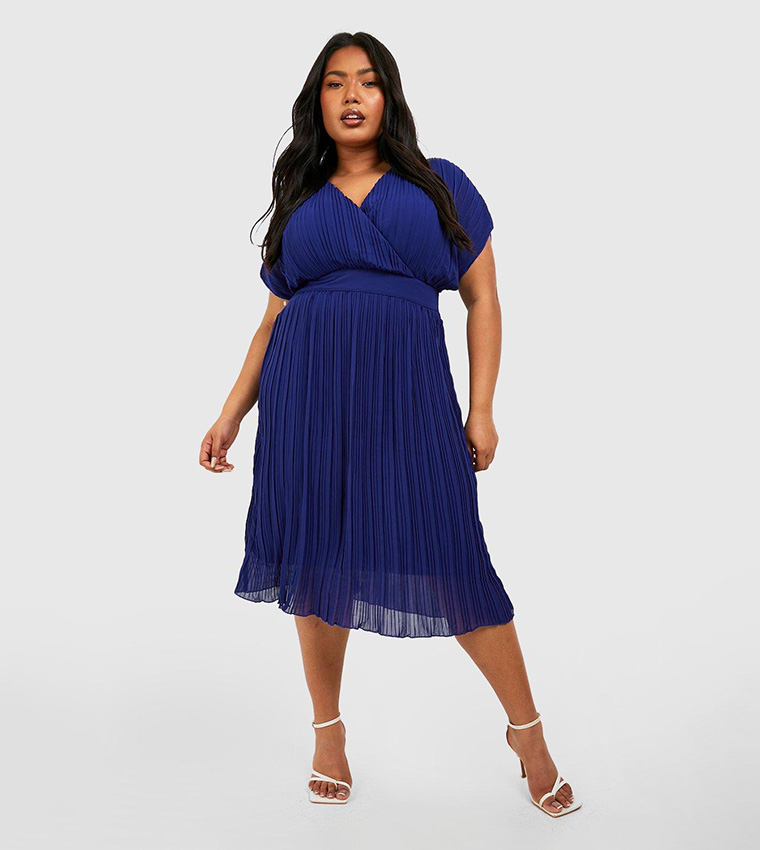 boohoo plus occasion pleated wrap midi dress Buy Boohoo Occasion Pleated Wrap Midi Dress In Blue