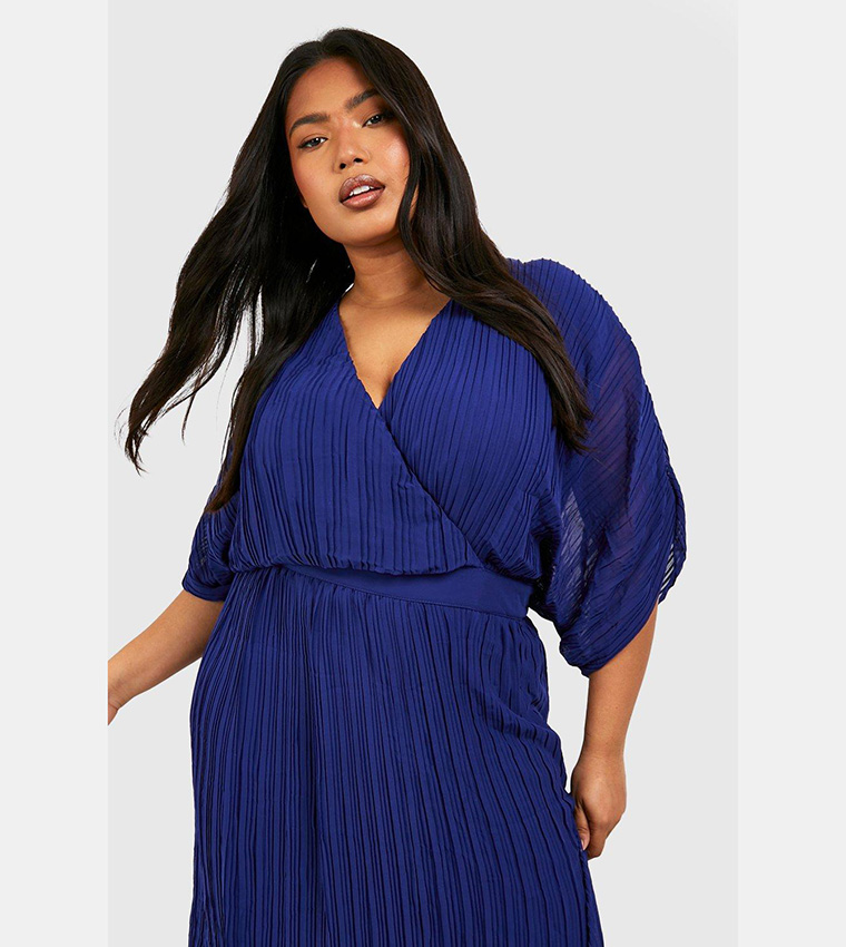 boohoo plus occasion pleated wrap midi dress Buy Boohoo Occasion Pleated Wrap Midi Dress In Navy
