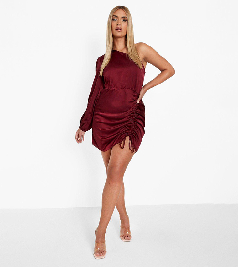 Buy Boohoo Satin One Shoulder Ruched Bodycon Dress In Red