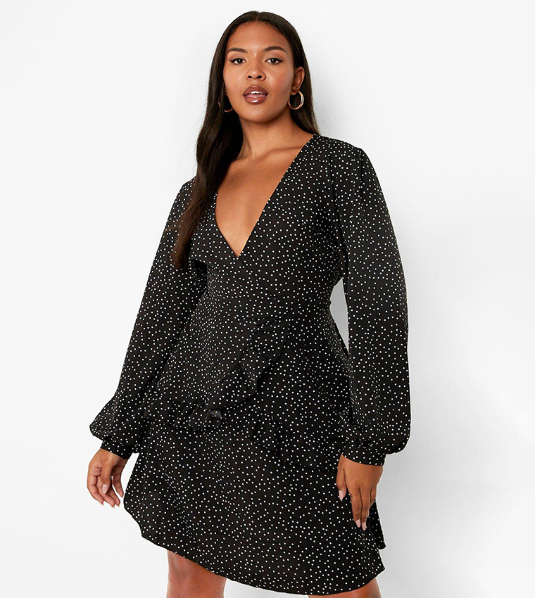 black wrap skater dress boohoo Women's Plus Size Wrap Tie Belt Skater Dress