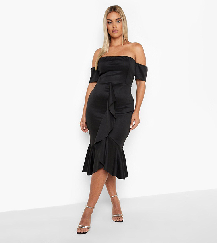 Buy Boohoo Scuba Bardot Fish Tail Midi Dress In Black