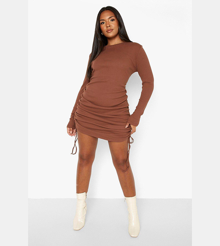 Buy Boohoo Rib Ruched Long Sleeves Bodycon Dress In Brown | 6thstreet  Bahrain