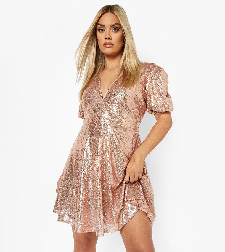Buy Boohoo Sequin Puff Sleeves Skater Dress In Gold | 6thstreet Qatar
