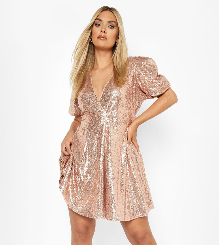 Buy Boohoo Sequin Puff Sleeves Skater Dress In Gold | 6thstreet Qatar Buy Boohoo Sequin Puff Sleeves Skater Dress In Gold | 6thstreet Qatar