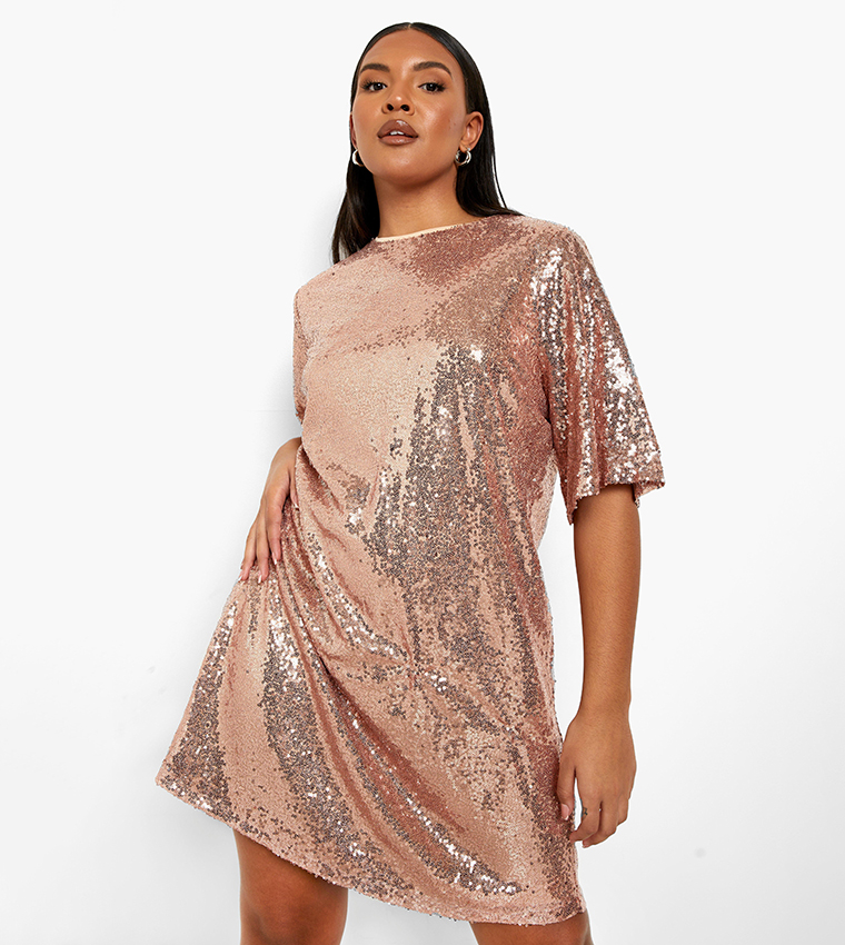 Buy Boohoo Sequined Sleeves Shift Dress In Rose Gold | 6thStreet UAE