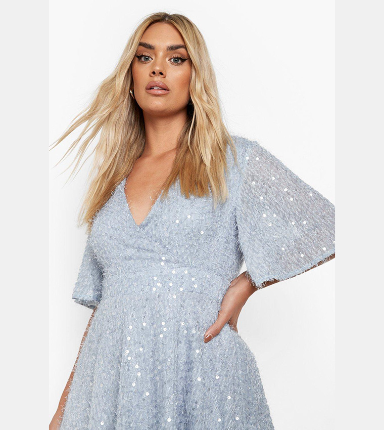 Plunge neck flared sleeve skater outlet dress