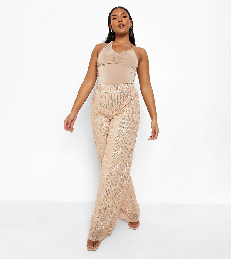 Buy Boohoo Sequin Slim Wide Leg Trousers In Beige 6thStreet UAE