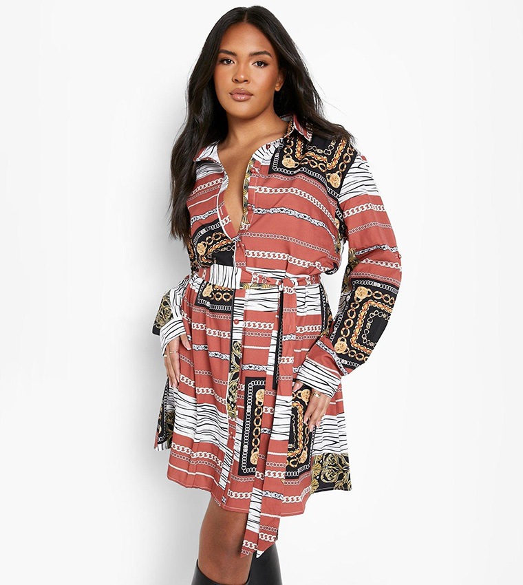 Buy Boohoo Satin Chain Print Belted Shirt Dress In Brown 6thStreet Qatar