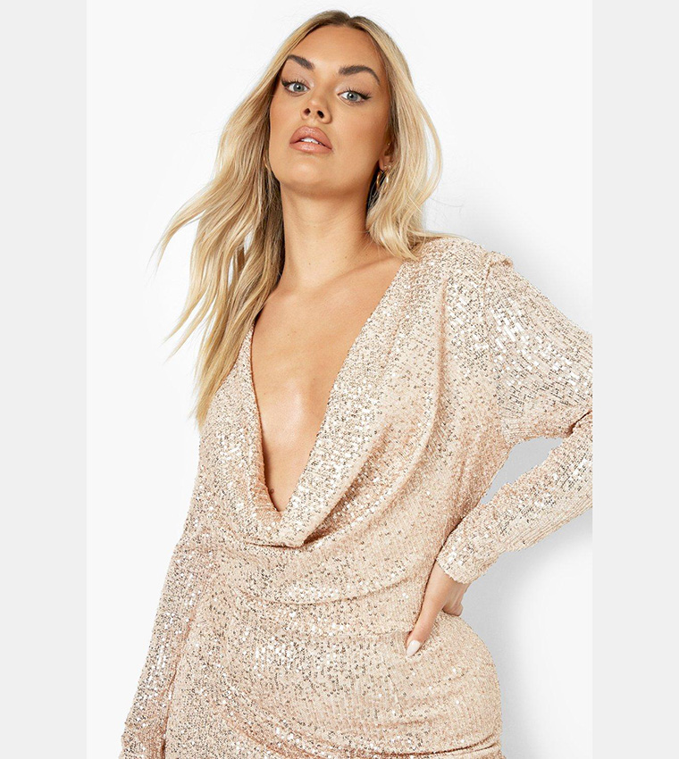 Buy Boohoo Sequin Cowl Neck Midi Dress In Gold | 6thstreet Bahrain
