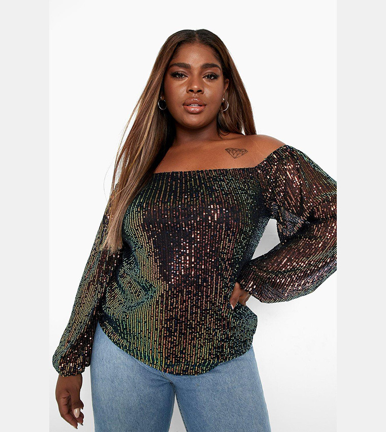 Buy Boohoo Sequin Bardot Top In Black 6thStreet Bahrain