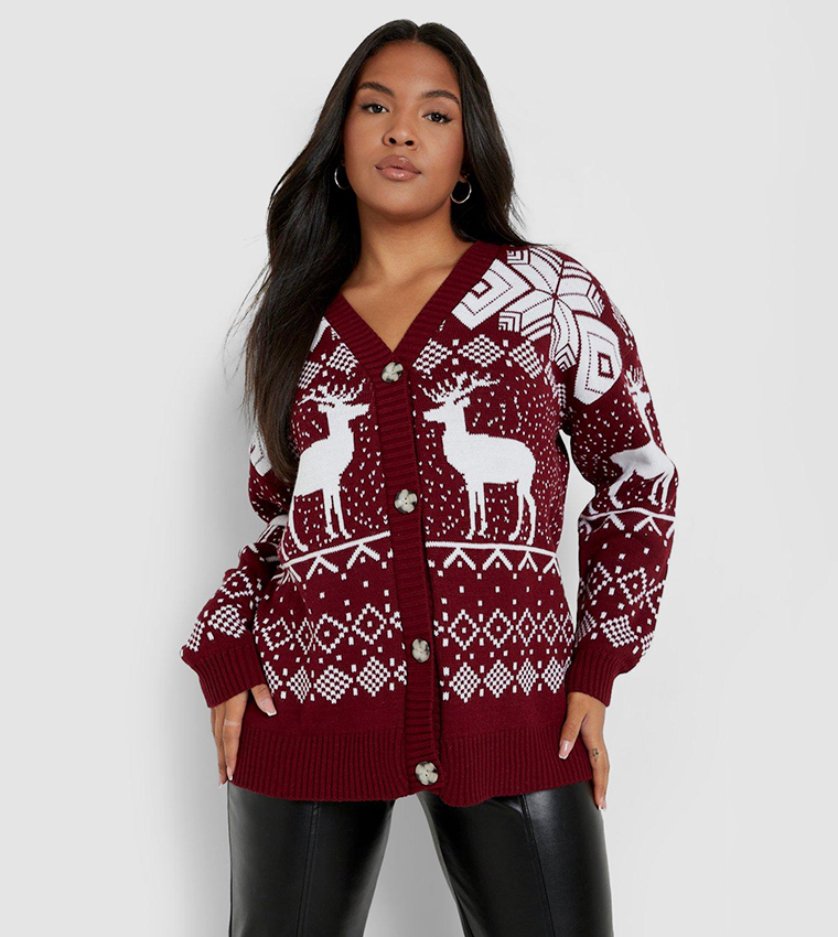 Buy Boohoo Plus Fairisle Christmas Cardigan In Berry 6thStreet Bahrain