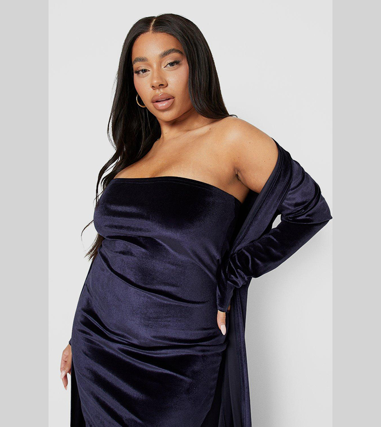 Buy Boohoo Velvet Bandeau Midi Dress Duster Co Ord Set In Navy