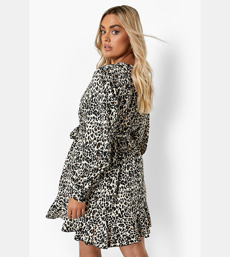 Leopard Wrap Ruffle Skater Dress