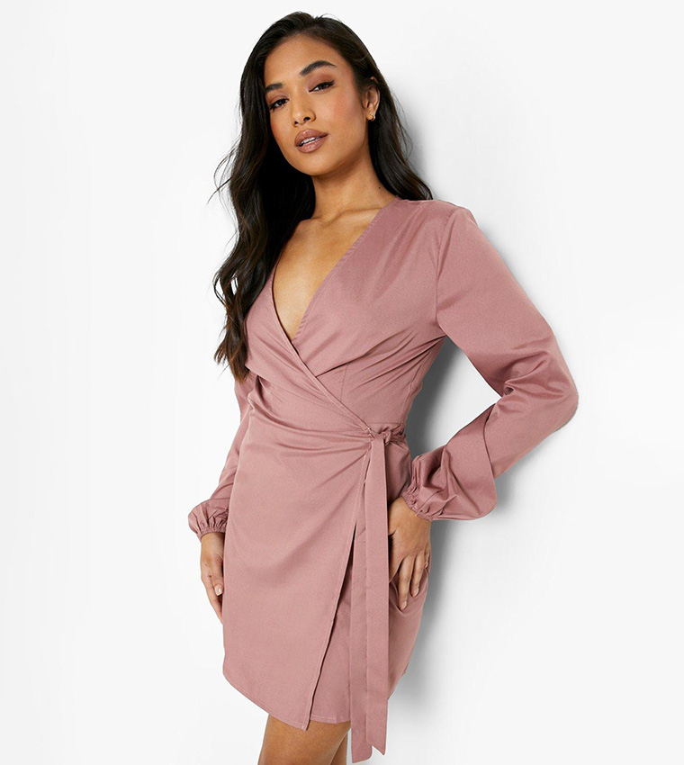 Buy Boohoo Woven Puff Sleeves Belted Wrap Dress In Pink