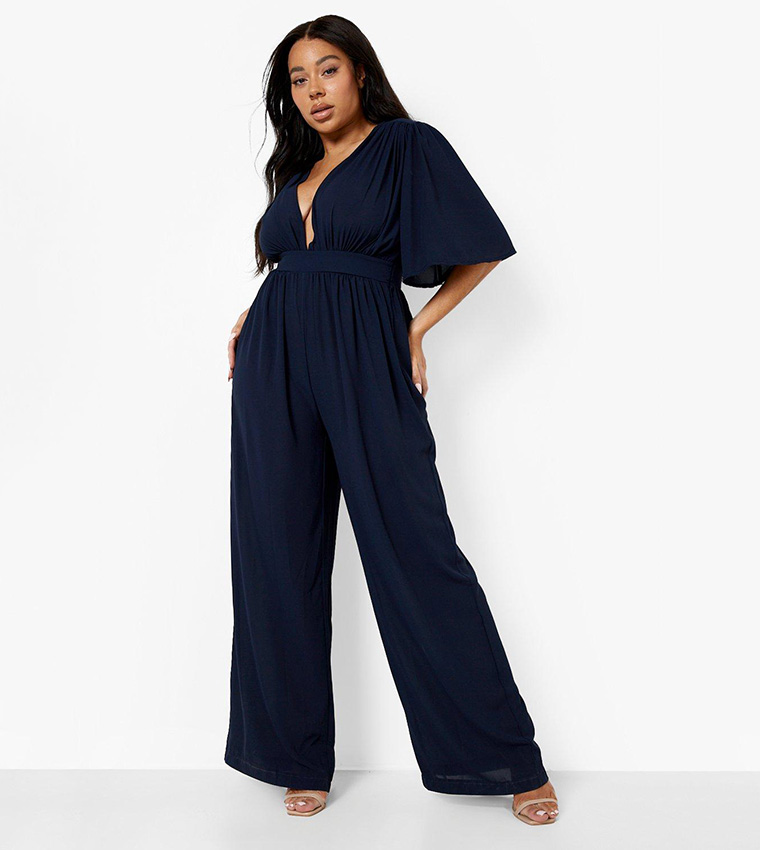 Buy Boohoo Occasion Chiffon Angel Sleeves Jumpsuit In Navy 6thStreet Kuwait