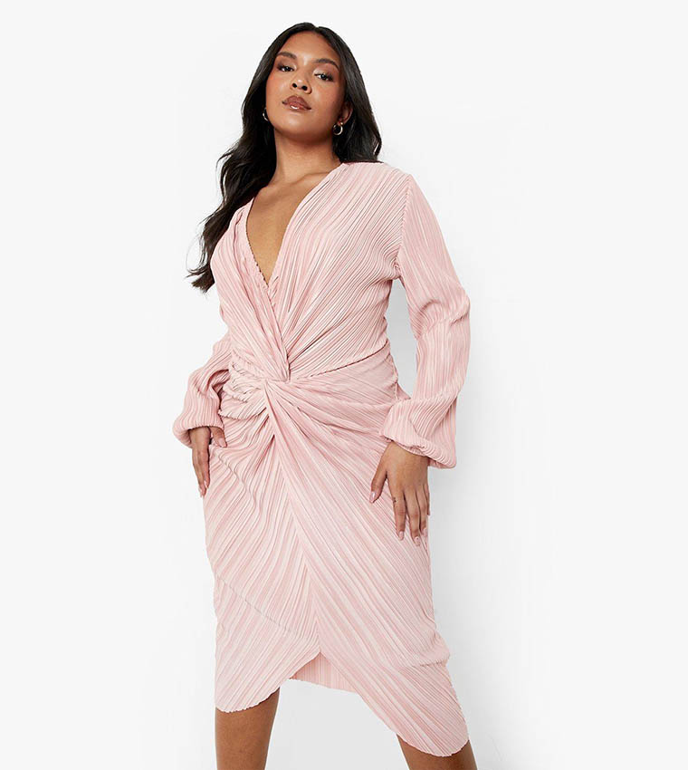 Buy Boohoo Plisse Twist Front Midi Dress In Pink 6thStreet Bahrain