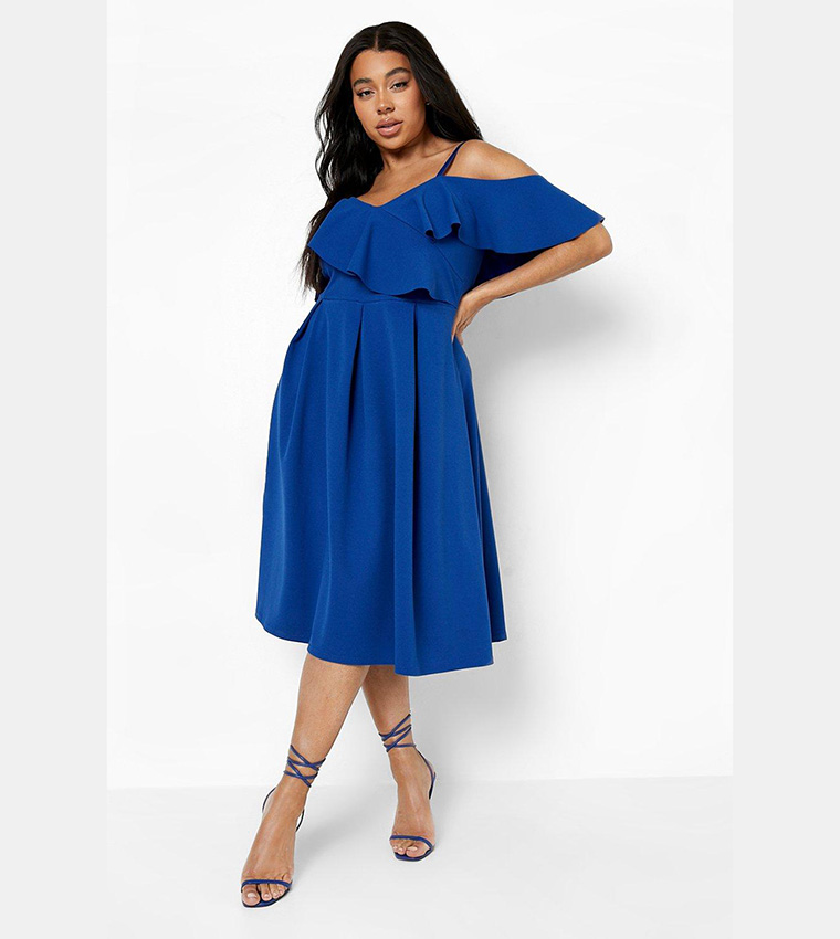 Buy Boohoo Scuba Cold Shoulder Wrap Midi Dress In Blue