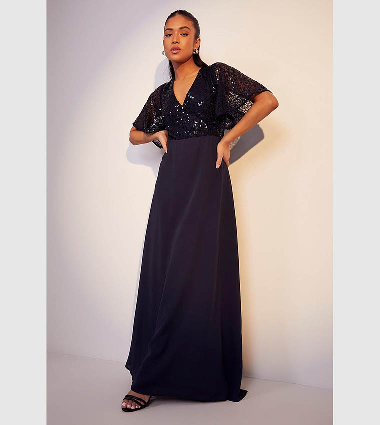 boohoo sequin maxi dress Red Flare Sleeve Tie Back Column Sequin Maxi Dress