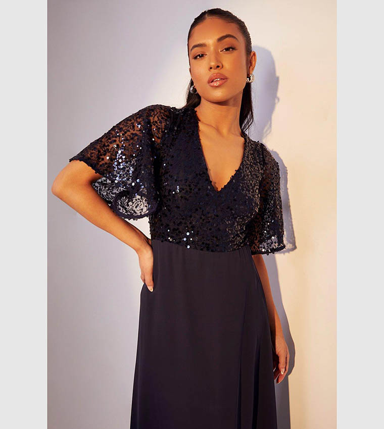 boohoo navy sequin dress Navy Plunge Strappy Demask Sequin Maxi Dress