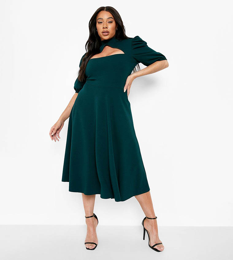 Buy Boohoo Keyhole Puff Sleeves Midi Dress In Green | 6thstreet Bahrain