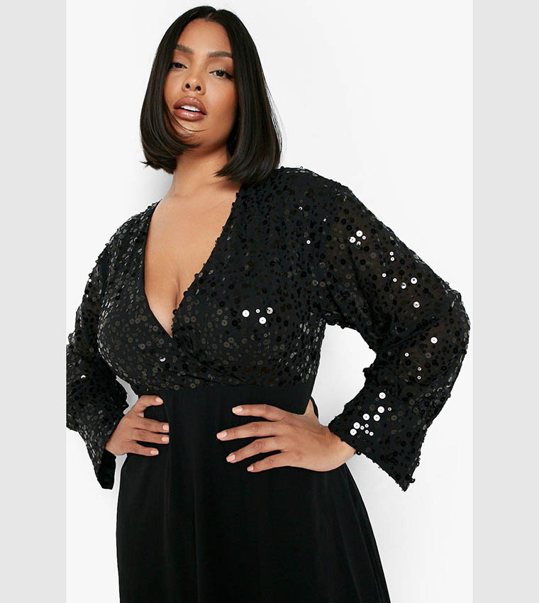 sequin midi skater dress Plus Size - Black Sequin Chiffon Skater Midi Dress