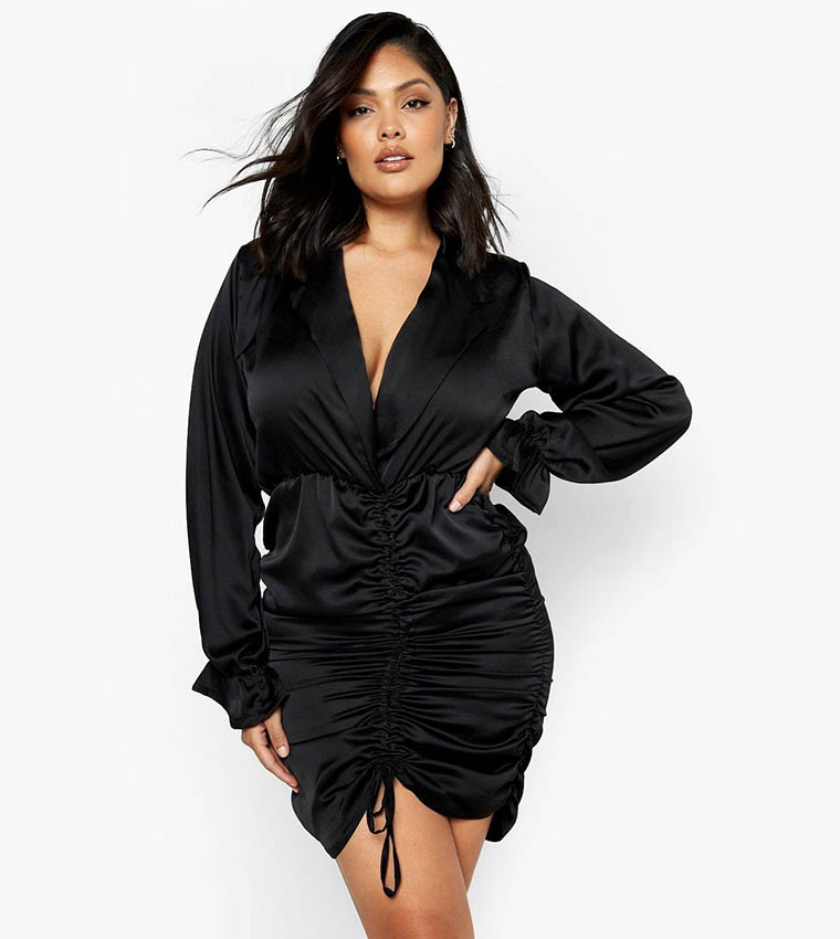 Buy Boohoo Ruched Wrap Satin Shirt Dress In Black 6thStreet UAE