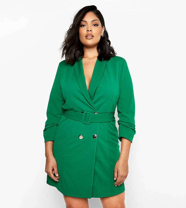 green emerald velvet dress Final Sale Plus Size Sequin Blazer Dress with Rhinestone Buttons in Mermaid Green