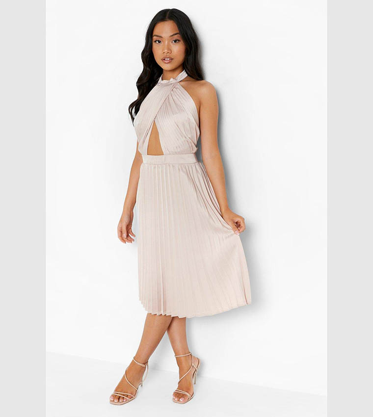 Buy Boohoo Halter Satin Pleated Midi Dress In Beige