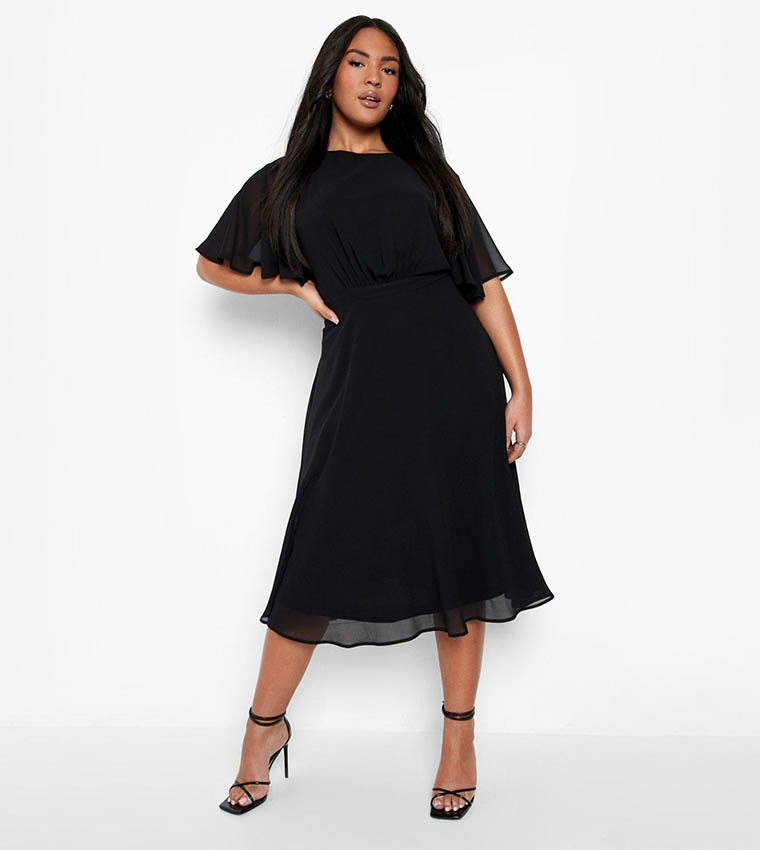 angel sleeve midi skater dress Buy Boohoo Wrap Angel Sleeves Midi Skater Dress In Black