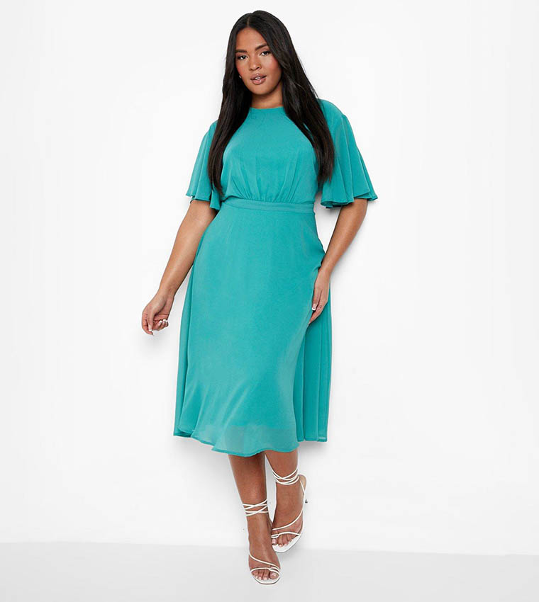 angel sleeve skater dress Rose Plus Wide Plisse Angel Sleeve Skater Dress