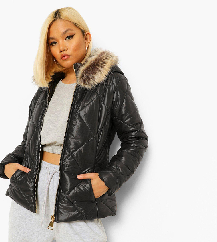 Buy Boohoo Petite Faux Fur Trim Fitted Puffer Jacket In Black 6thStreet Kuwait