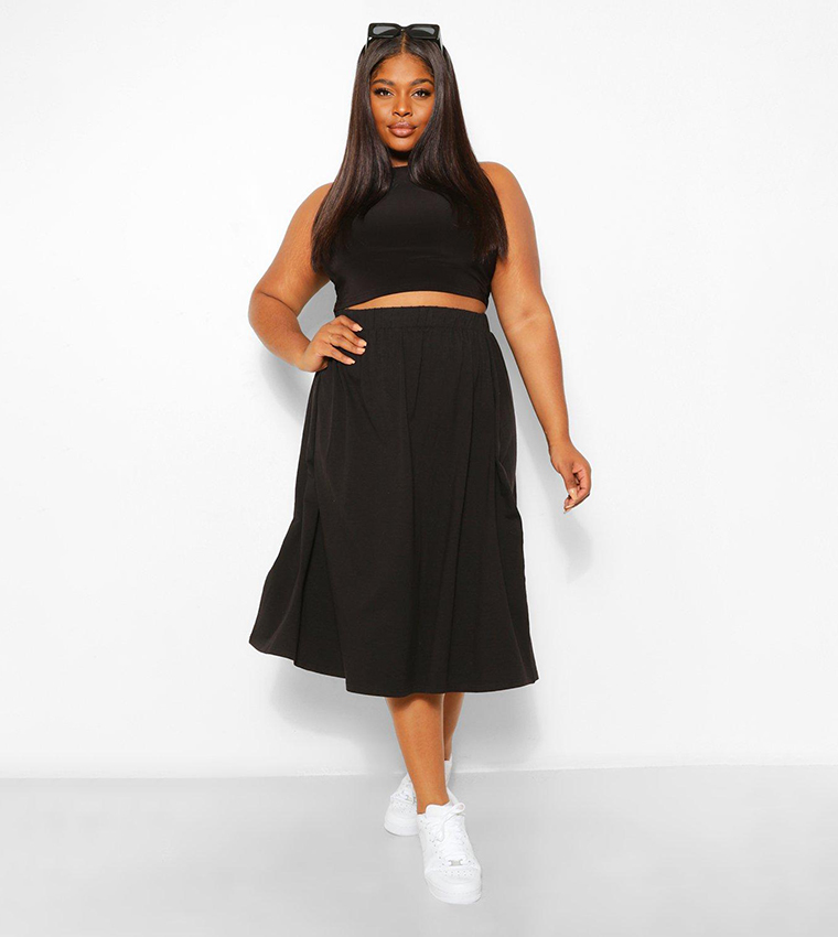 Buy Boohoo Elastic Waist Midi Skater Skirt In Black 6thStreet Qatar