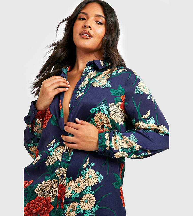 Buy Boohoo Floral Satin Shirt Dress In Navy 6thStreet Qatar